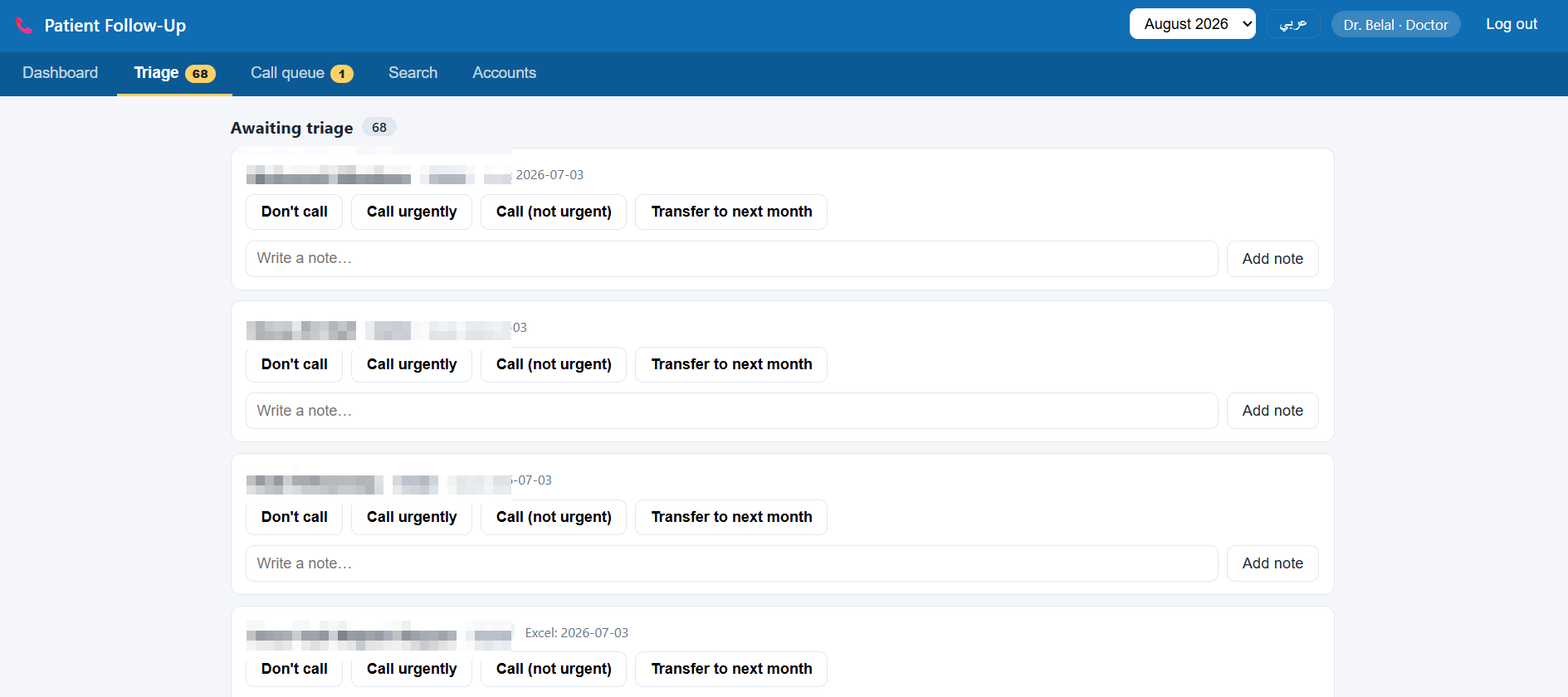 Patient Follow-Up triage list showing patients awaiting follow-up with call-priority actions (patient names anonymized)