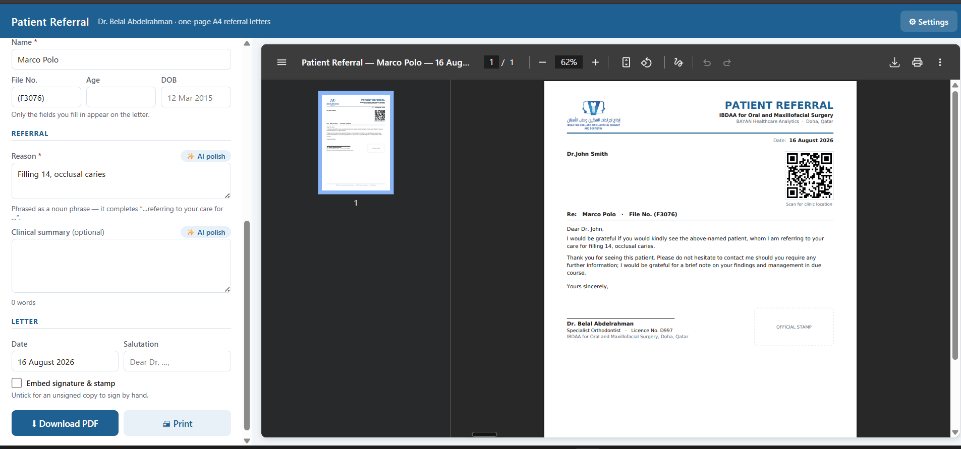 Patient Referral generator: a form on the left and a live A4 referral-letter preview with clinic-location QR code on the right